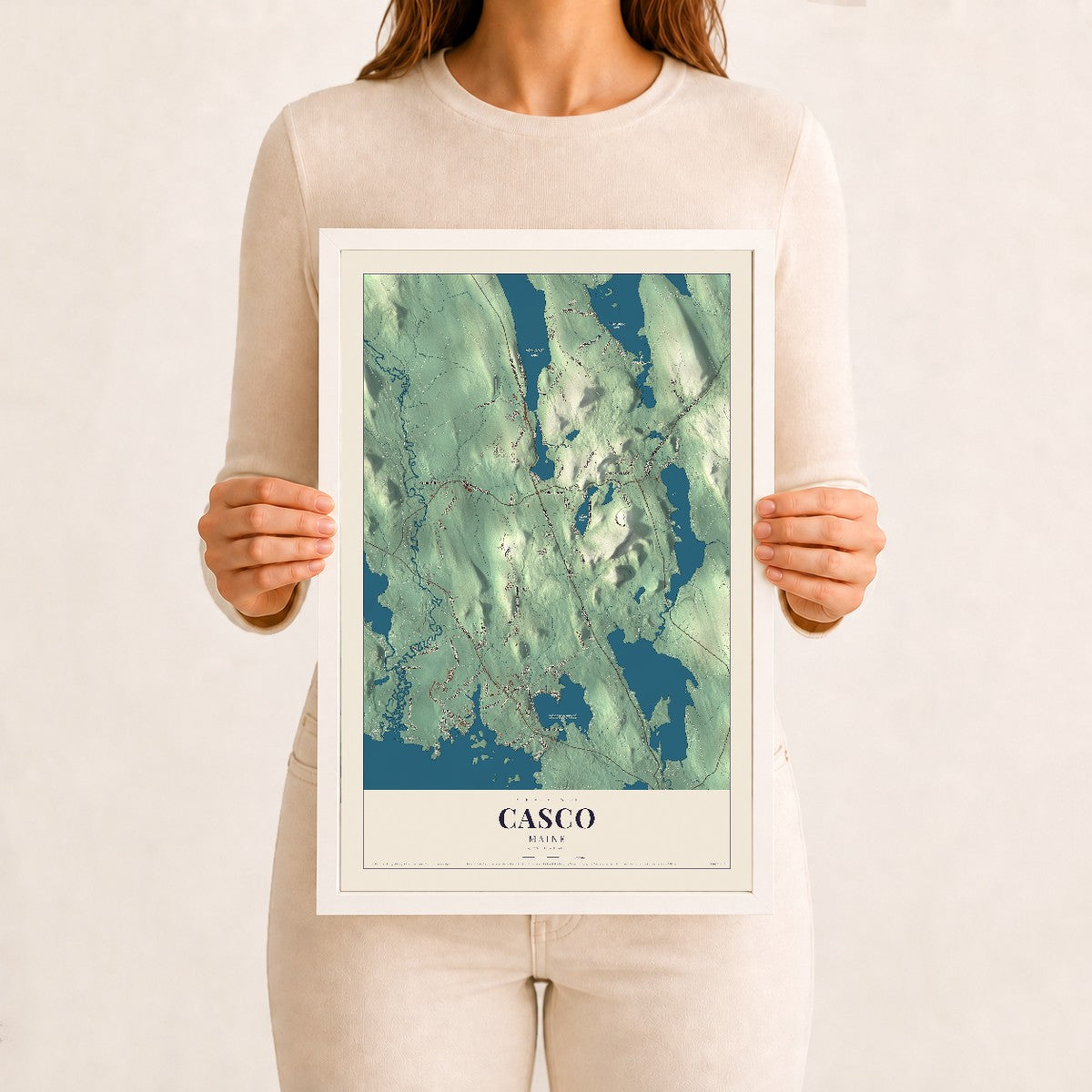 Casco, Maine map print - 12 x 18 white Ayous wood frame