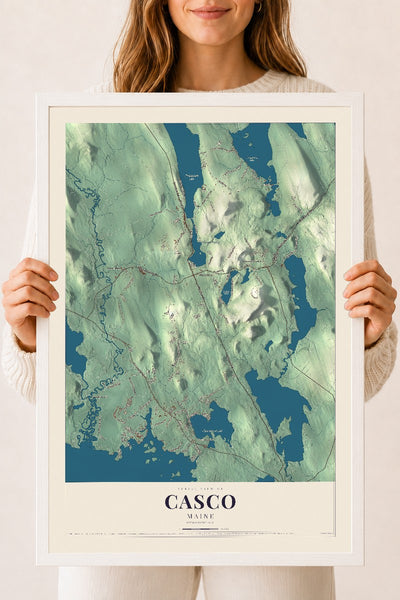 Casco, Maine map print - 18 x 24 white Ayous wood frame