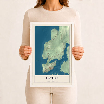 Castine, Maine map print - 12 x 18 white Ayous wood frame