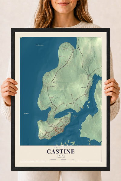 Castine, Maine map print - 18 x 24 black Ayous wood frame