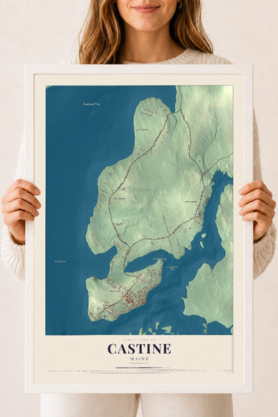 Castine, Maine map print - 18 x 24 white Ayous wood frame