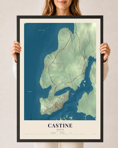 Castine, Maine map print - 24 x 36 black Ayous wood frame