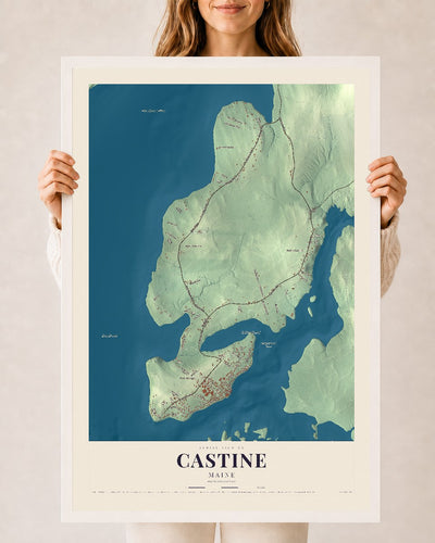 Castine, Maine map print - 24 x 36 white Ayous wood frame