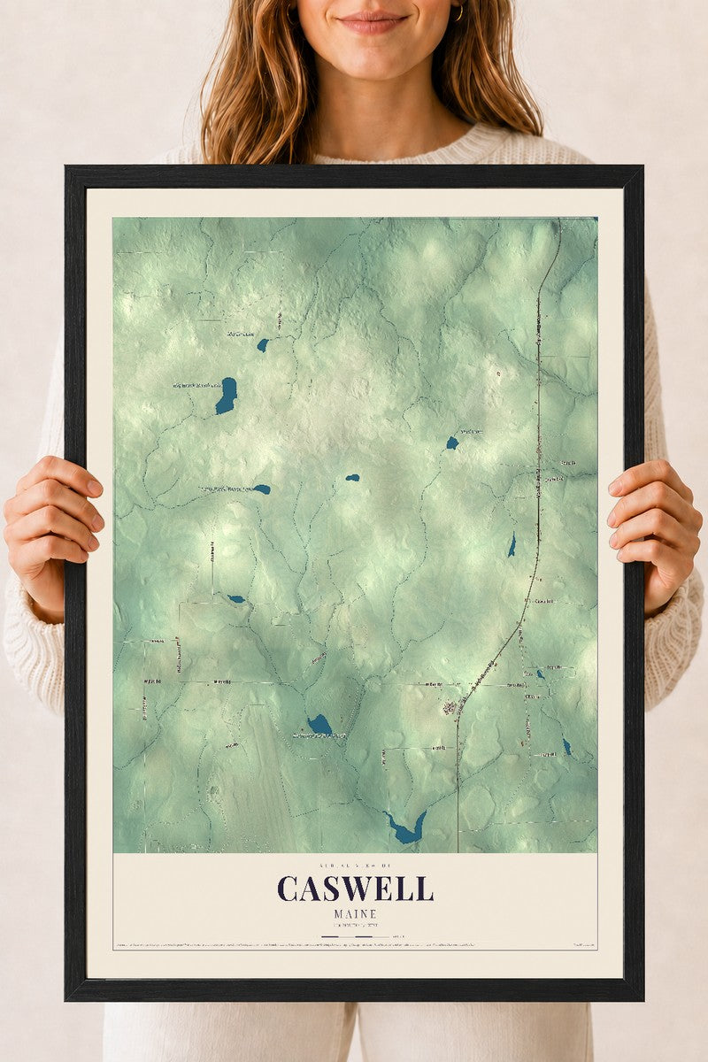 Caswell, Maine map print - 18 x 24 black Ayous wood frame