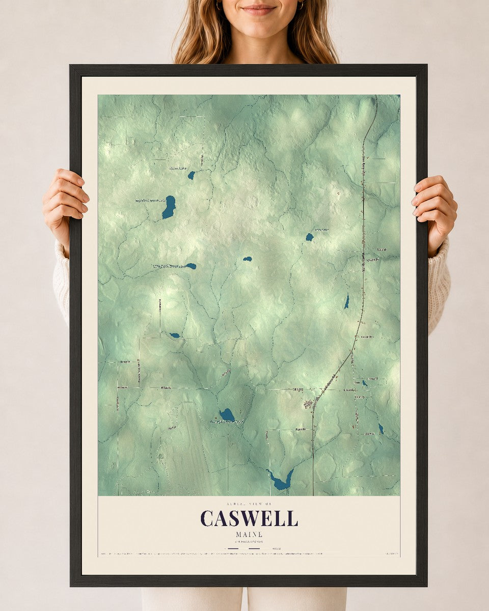Caswell, Maine map print - 24 x 36 black Ayous wood frame