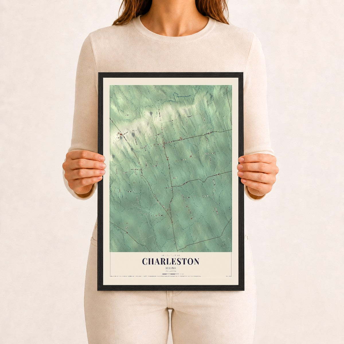 Charleston, Maine map print - 12 x 18 black Ayous wood frame