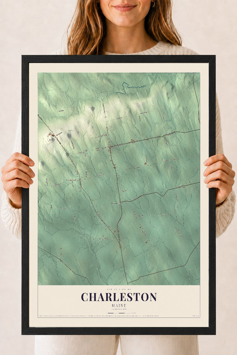 Charleston, Maine map print - 18 x 24 black Ayous wood frame