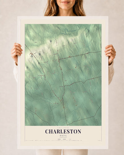 Charleston, Maine map print - 24 x 36 white Ayous wood frame