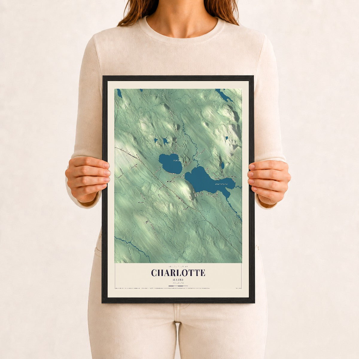 Charlotte, Maine map print - 12 x 18 black Ayous wood frame