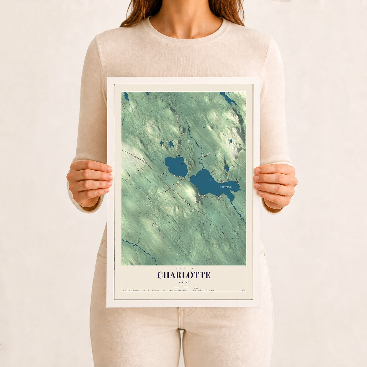 Charlotte, Maine map print - 12 x 18 white Ayous wood frame