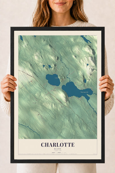 Charlotte, Maine map print - 18 x 24 black Ayous wood frame