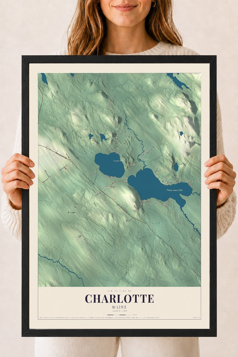 Charlotte, Maine map print - 18 x 24 black Ayous wood frame