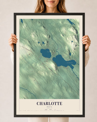 Charlotte, Maine map print - 24 x 36 black Ayous wood frame