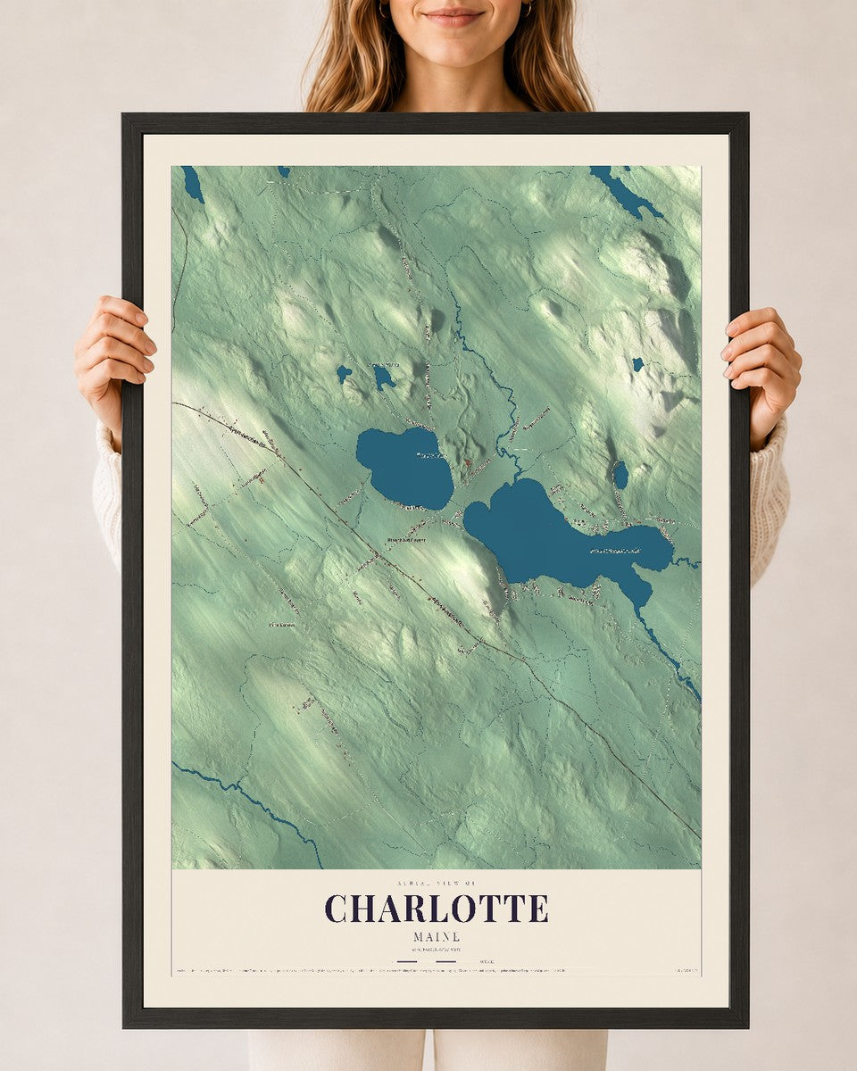 Charlotte, Maine map print - 24 x 36 black Ayous wood frame