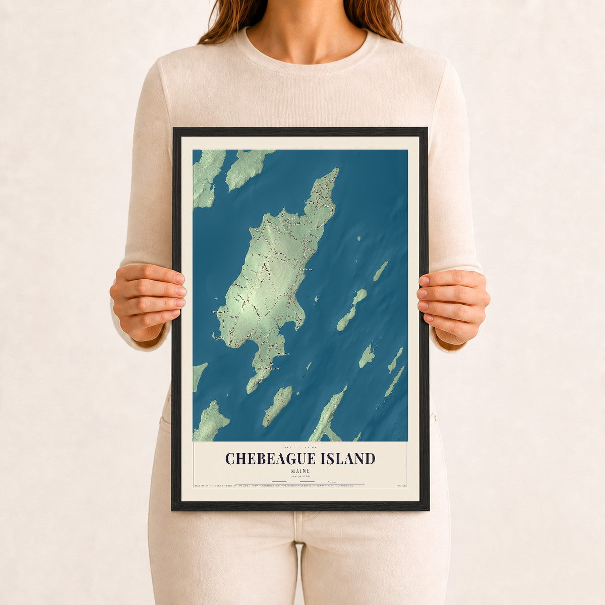 Chebeague Island, Maine map print - 12 x 18 black Ayous wood frame
