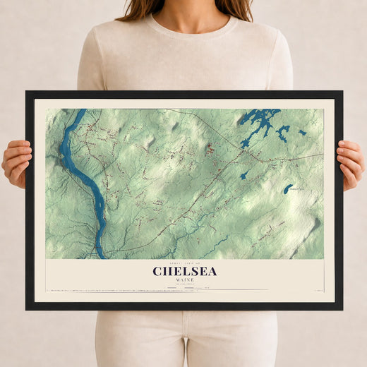 Map of Chelsea, Maine, 12 x 18 inch print in a black wood frame