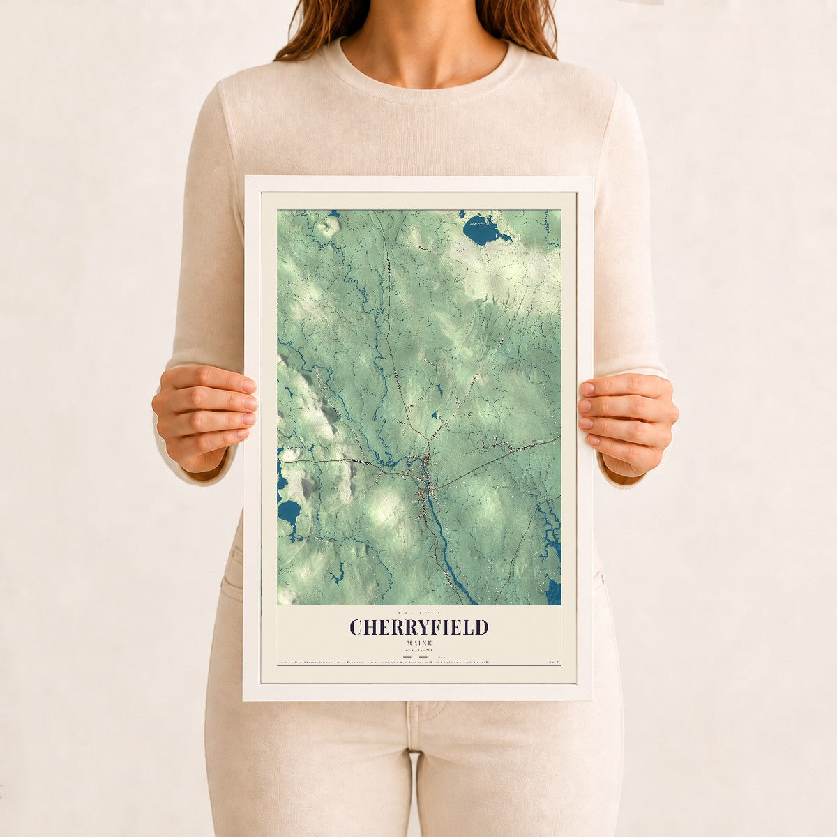 Cherryfield, Maine map print - 12 x 18 white Ayous wood frame