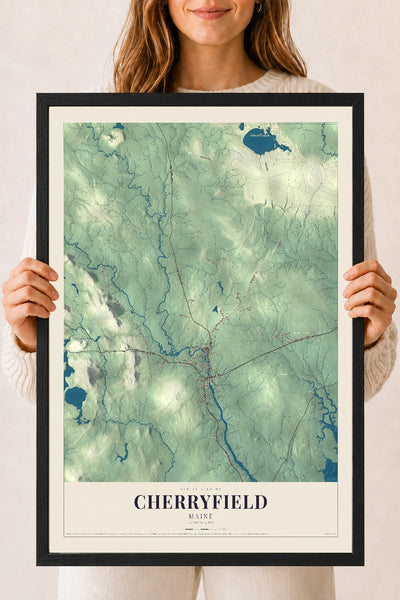 Cherryfield, Maine map print - 18 x 24 black Ayous wood frame