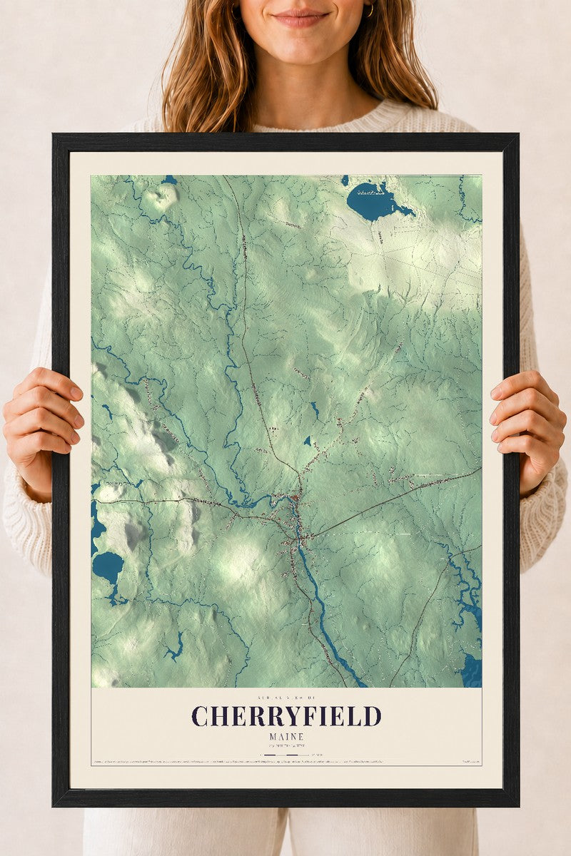 Cherryfield, Maine map print - 18 x 24 black Ayous wood frame
