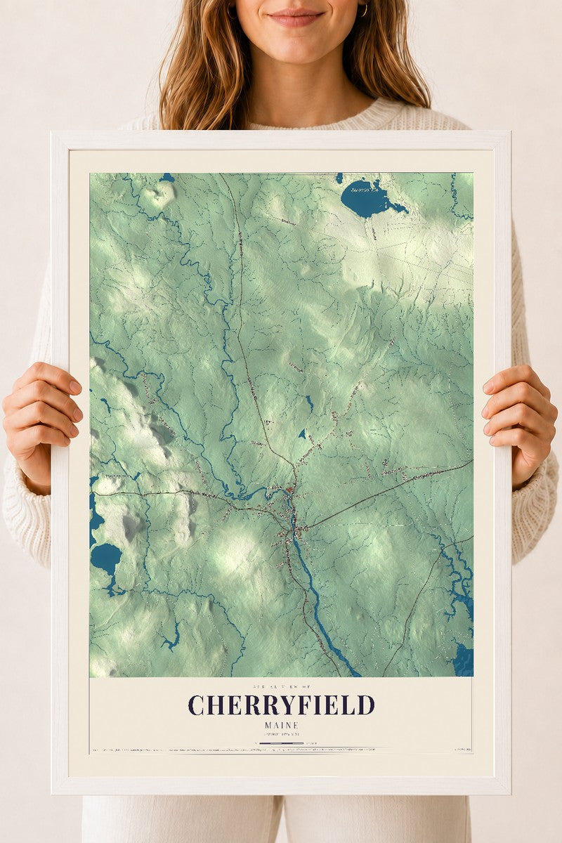 Cherryfield, Maine map print - 18 x 24 white Ayous wood frame