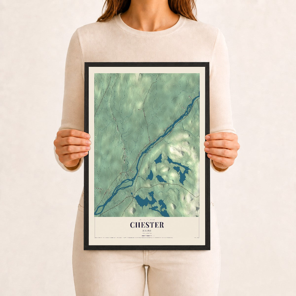 Chester, Maine map print - 12 x 18 black Ayous wood frame