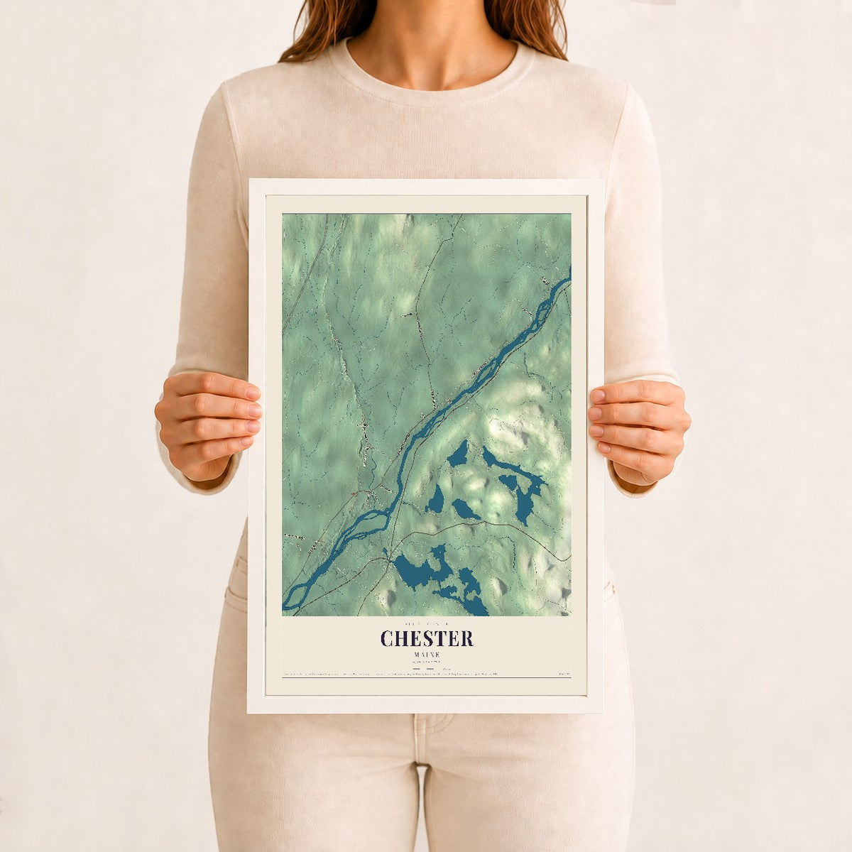 Chester, Maine map print - 12 x 18 white Ayous wood frame