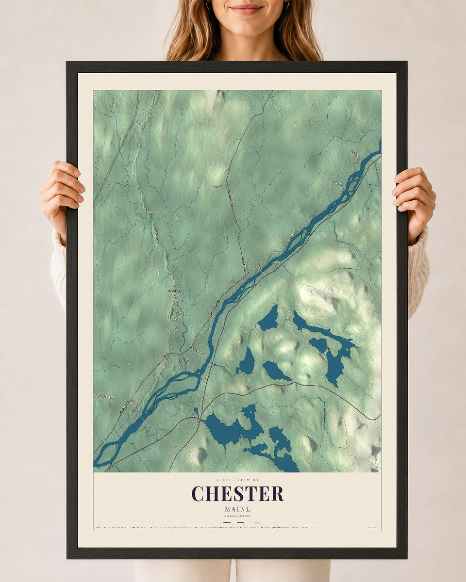 Chester, Maine map print - 24 x 36 black Ayous wood frame