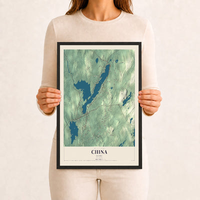 China, Maine map print - 12 x 18 black Ayous wood frame