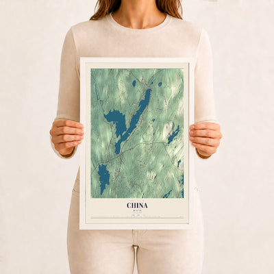 China, Maine map print - 12 x 18 white Ayous wood frame
