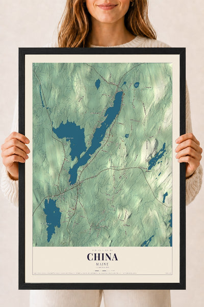 China, Maine map print - 18 x 24 black Ayous wood frame
