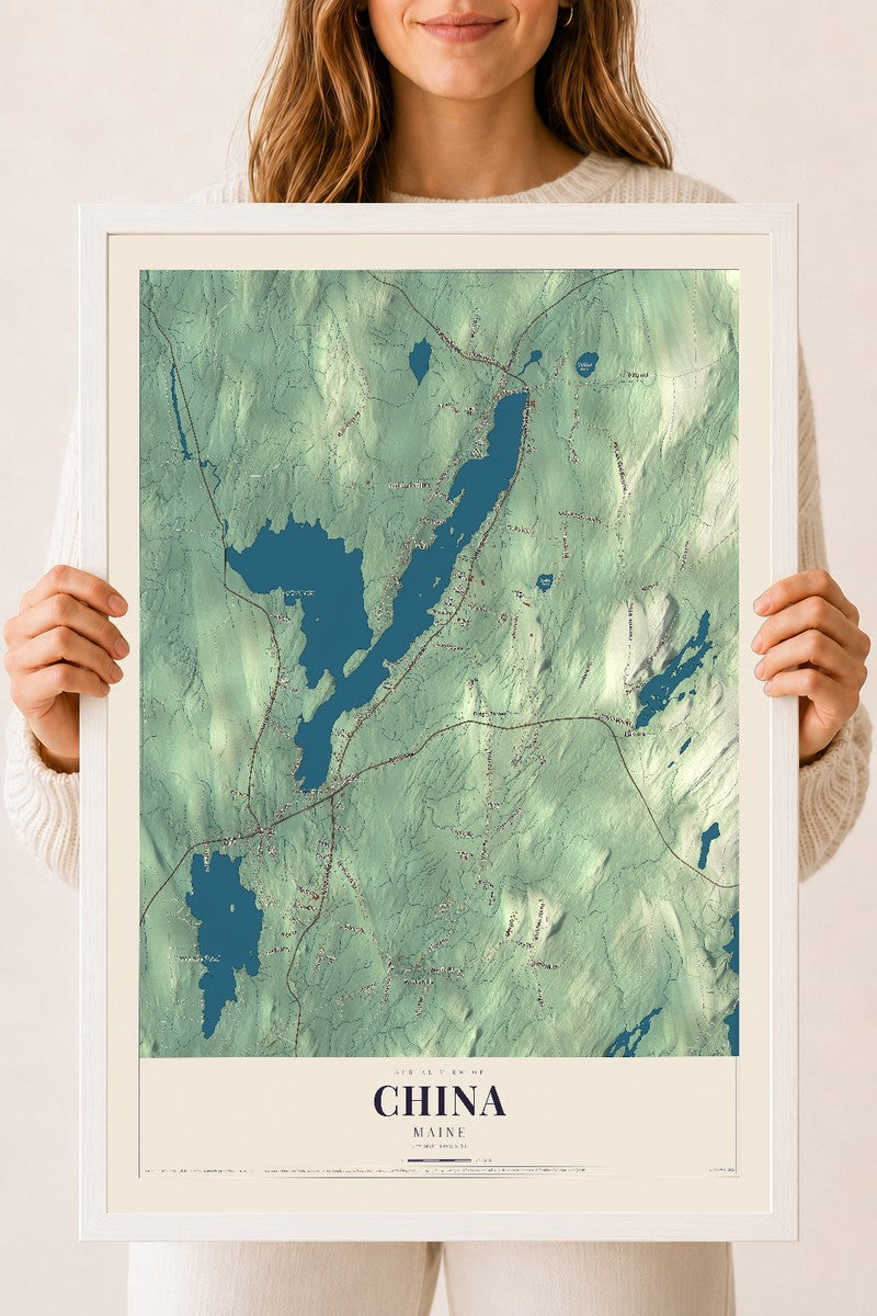 China, Maine map print - 18 x 24 white Ayous wood frame