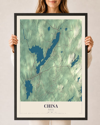 China, Maine map print - 24 x 36 black Ayous wood frame