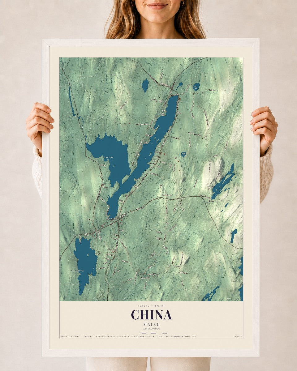 China, Maine map print - 24 x 36 white Ayous wood frame