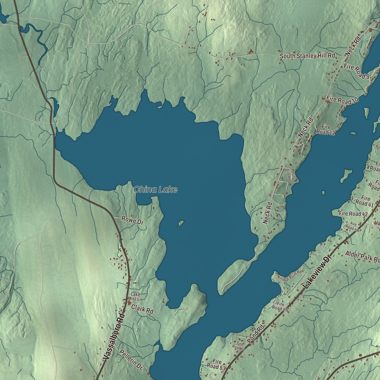 Terrain and local geography detail from the China, Maine map