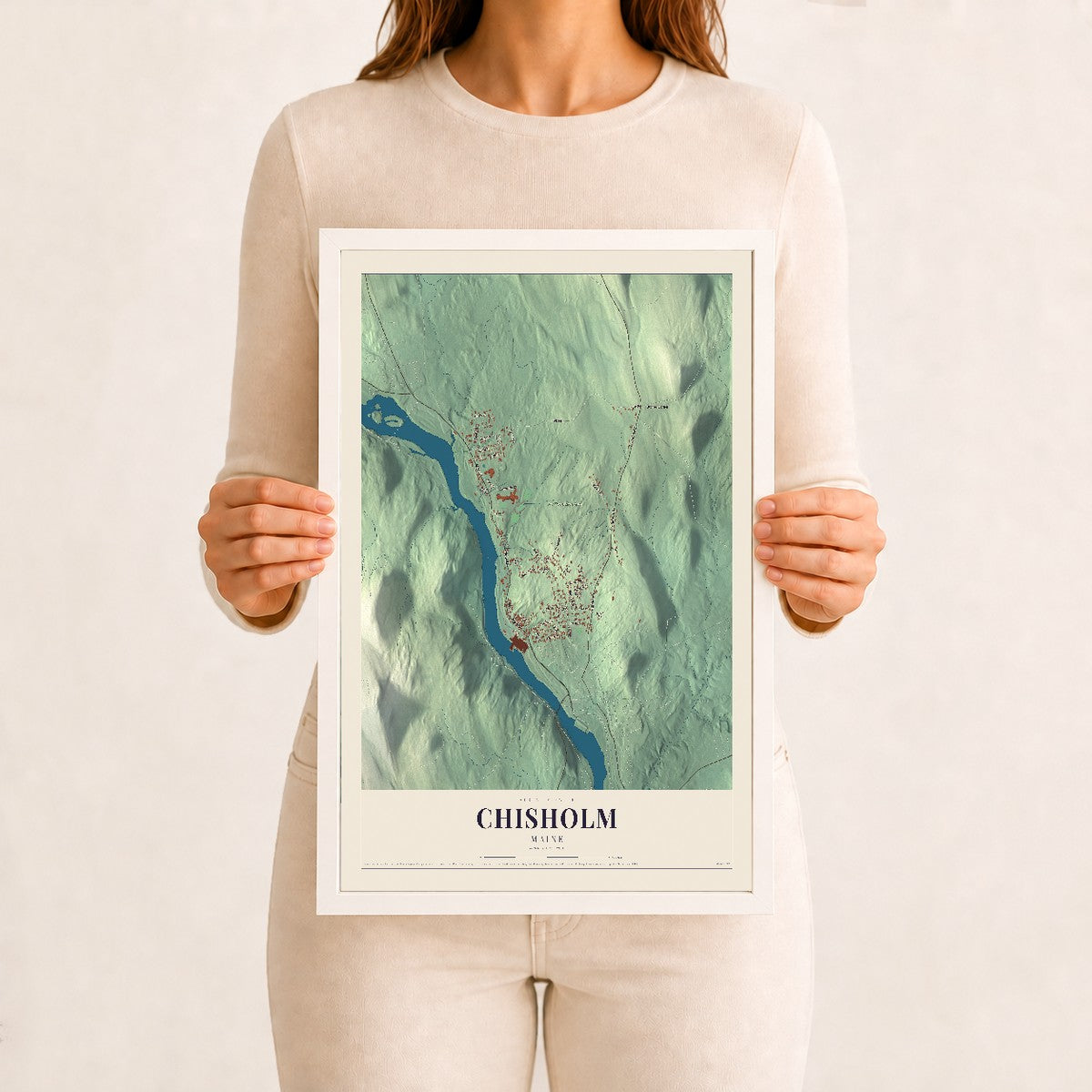 Chisholm, Maine map print - 12 x 18 white Ayous wood frame