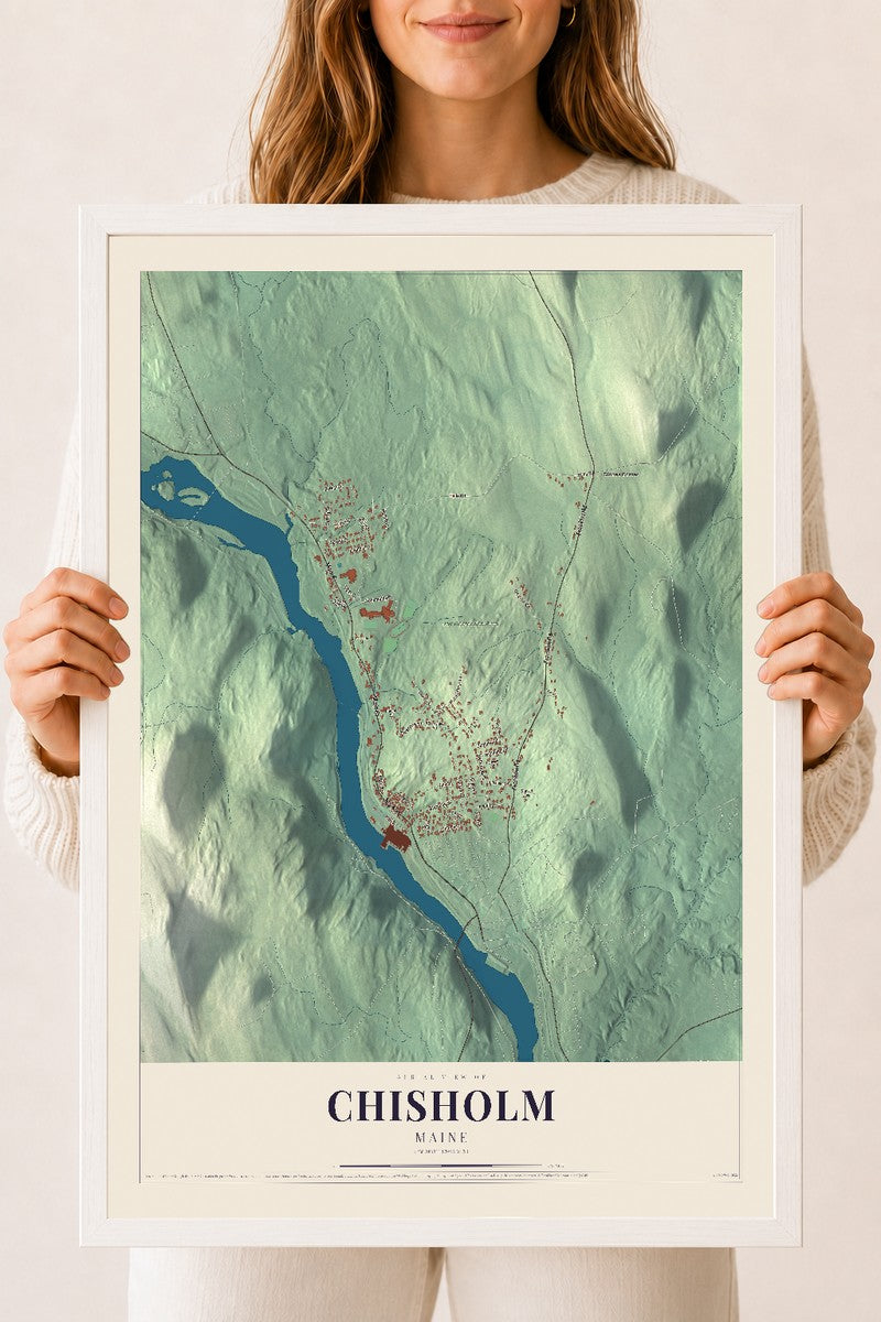Chisholm, Maine map print - 18 x 24 white Ayous wood frame