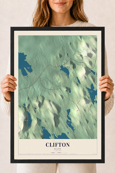 Clifton, Maine map print - 18 x 24 black Ayous wood frame