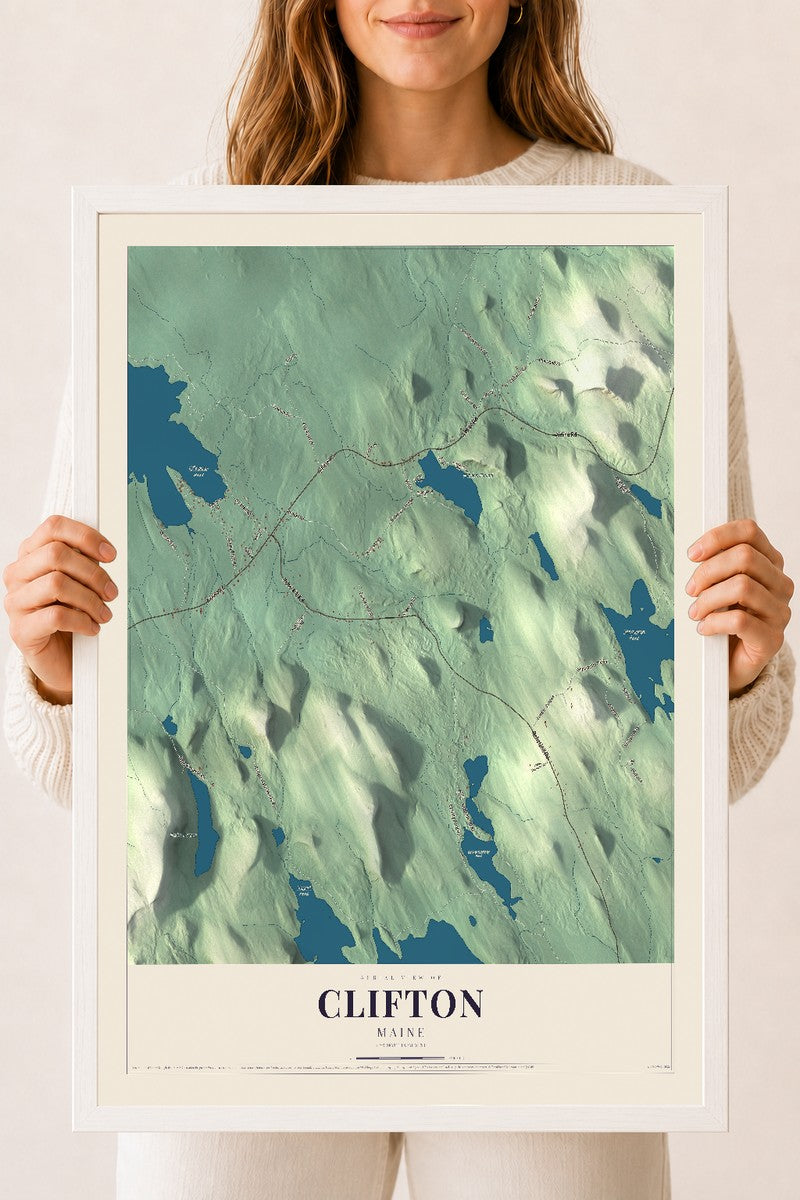 Clifton, Maine map print - 18 x 24 white Ayous wood frame