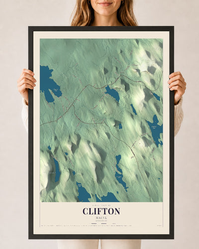 Clifton, Maine map print - 24 x 36 black Ayous wood frame