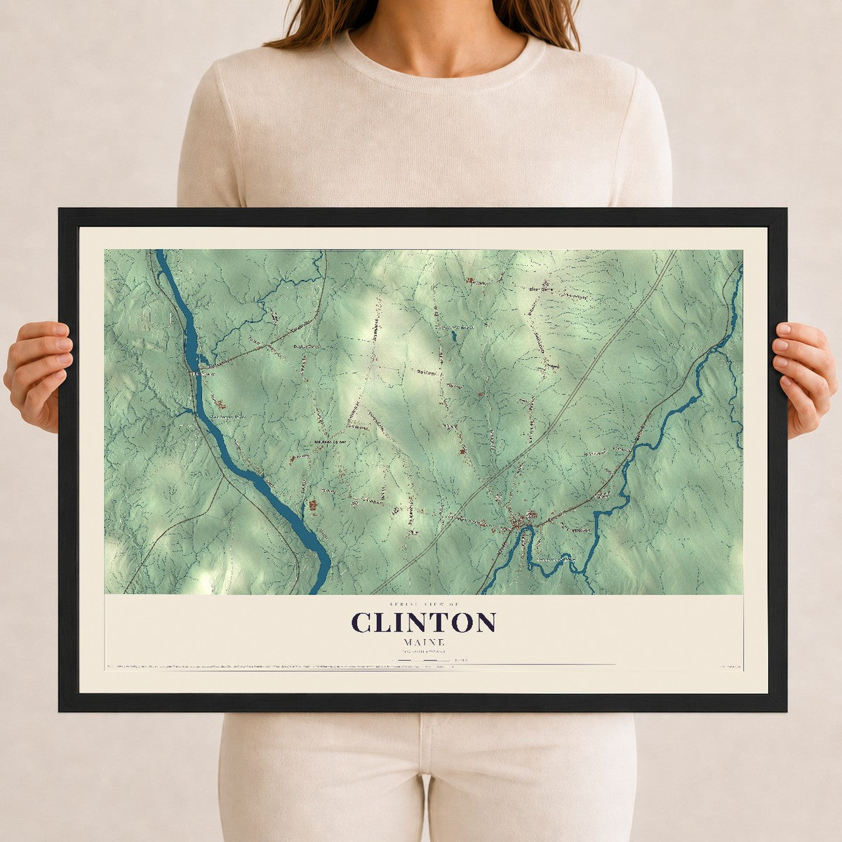 Clinton, Maine map print - 12 x 18 black Ayous wood frame