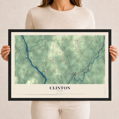 Clinton, Maine map print - 12 x 18 black Ayous wood frame