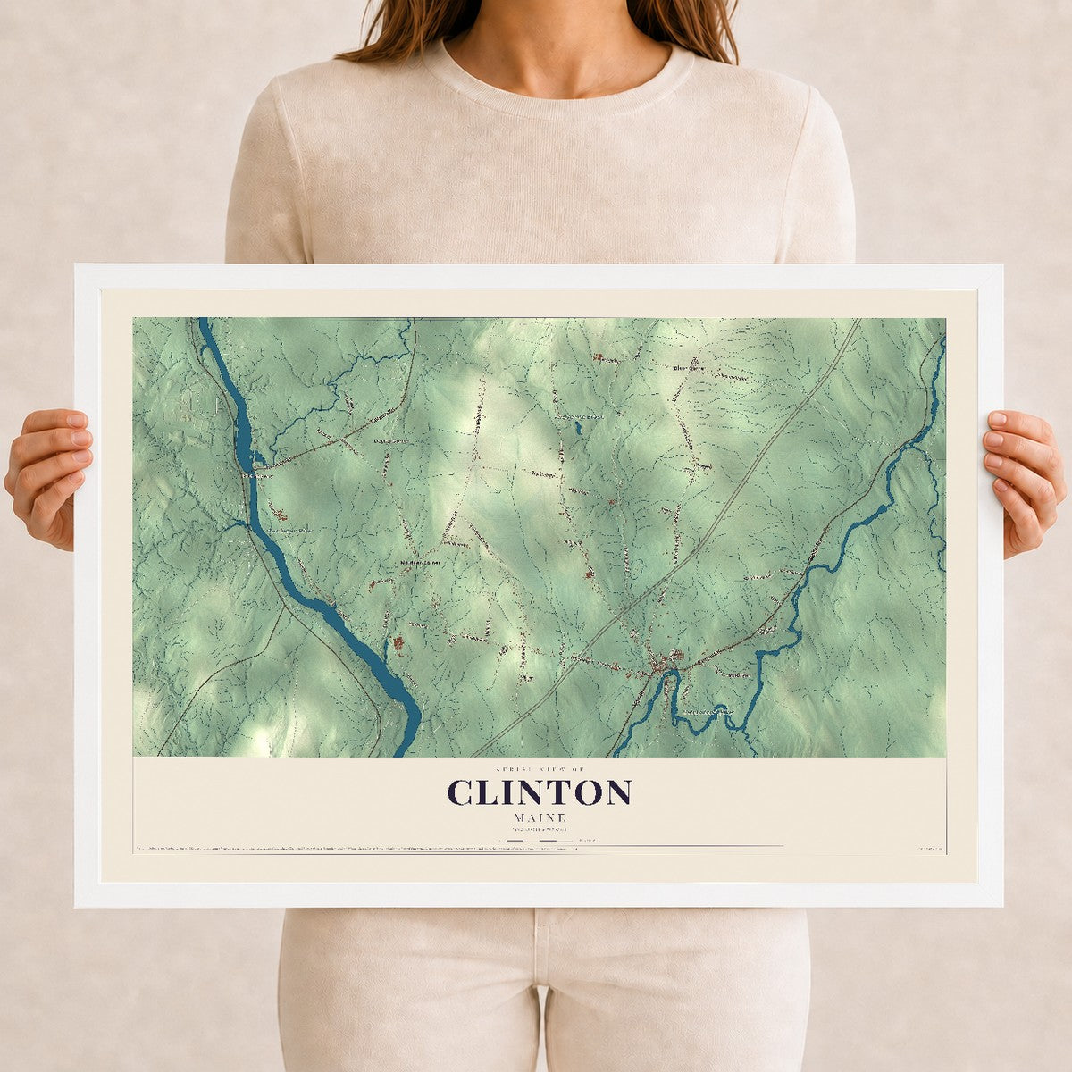 Clinton, Maine map print - 12 x 18 white Ayous wood frame