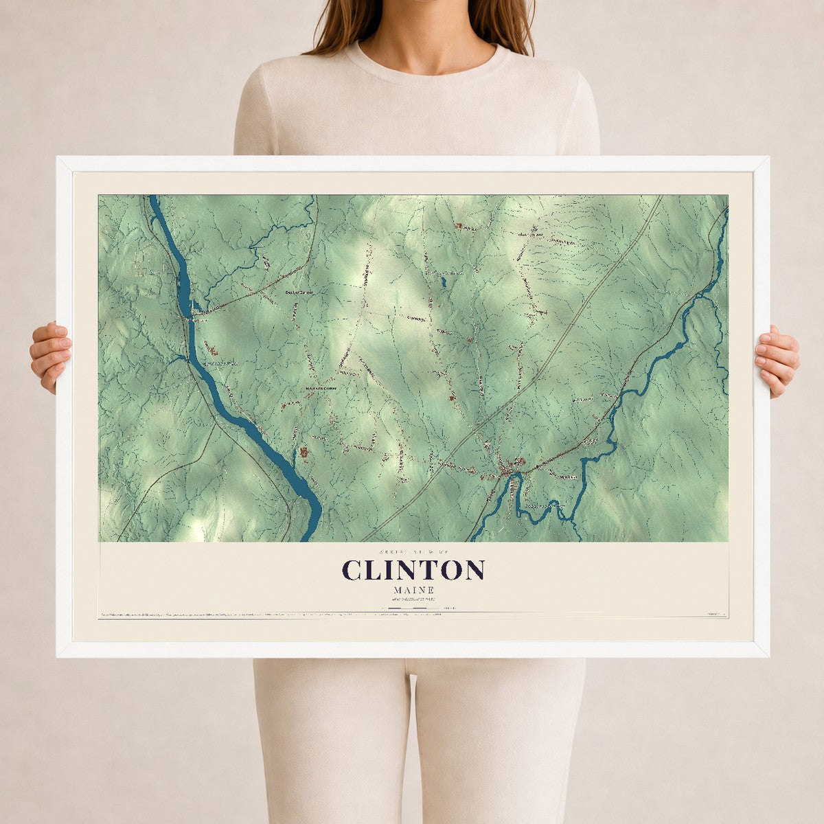 Clinton, Maine map print - 24 x 36 white Ayous wood frame
