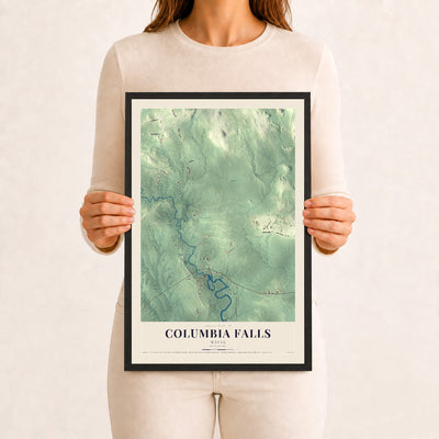 Columbia Falls, Maine map print - 12 x 18 black Ayous wood frame