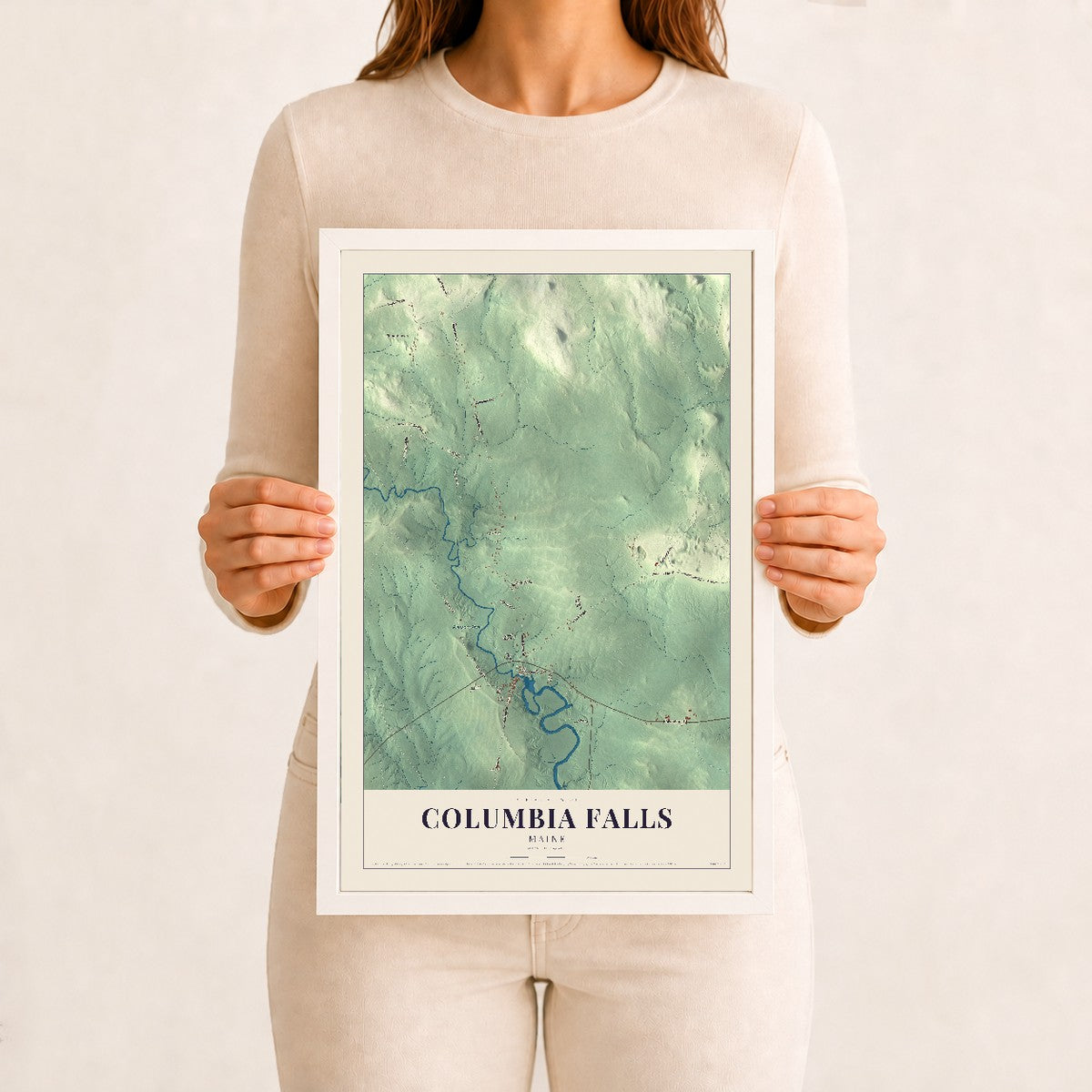 Columbia Falls, Maine map print - 12 x 18 white Ayous wood frame
