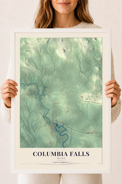 Columbia Falls, Maine map print - 18 x 24 white Ayous wood frame