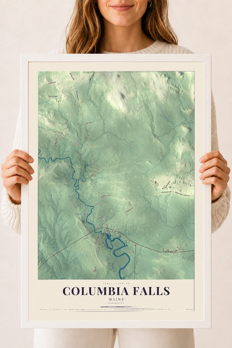 Columbia Falls, Maine map print - 18 x 24 white Ayous wood frame