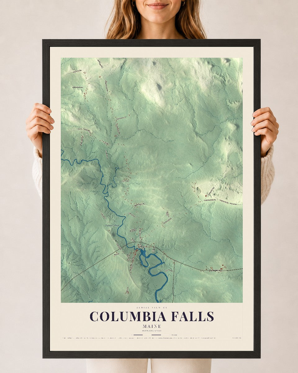 Columbia Falls, Maine map print - 24 x 36 black Ayous wood frame