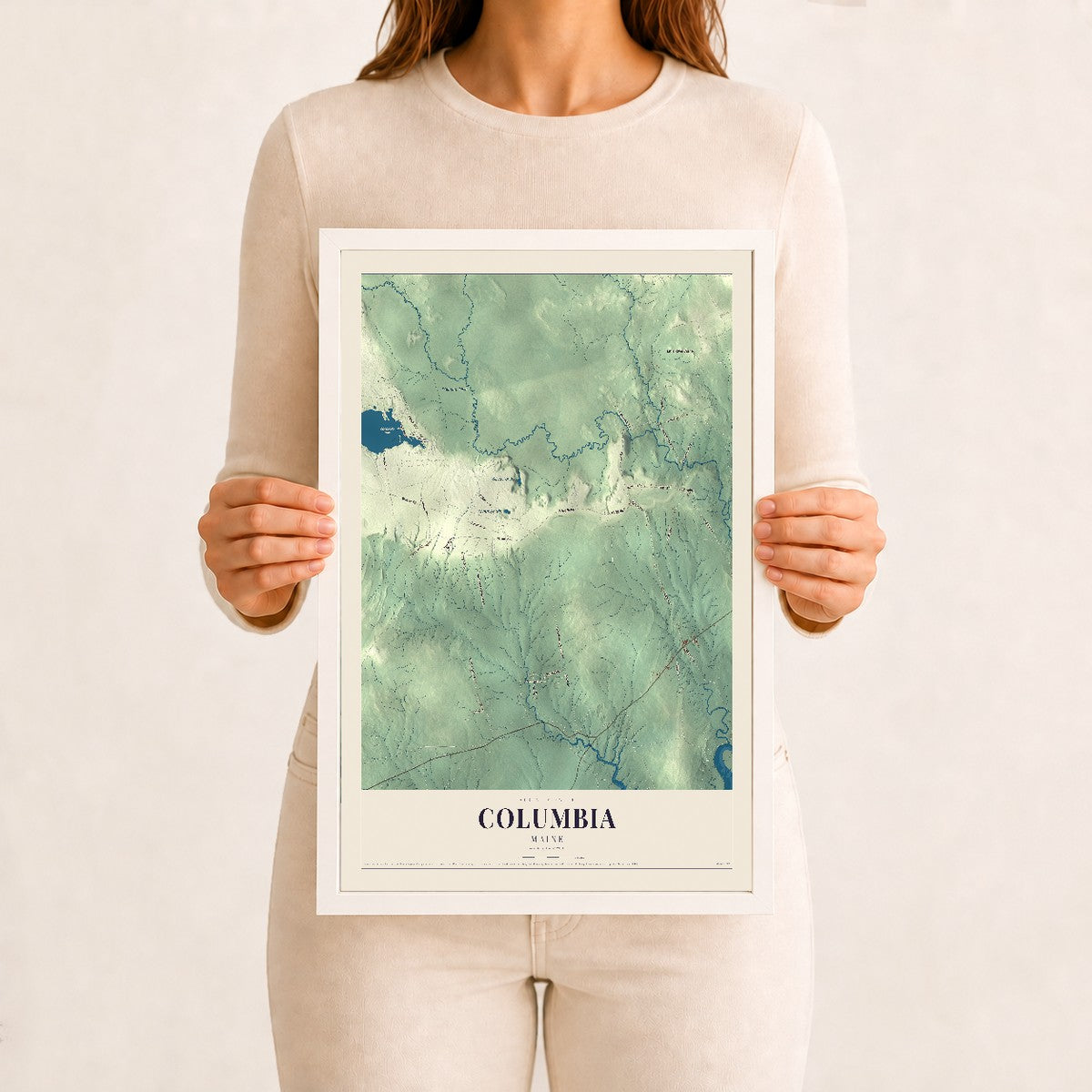 Columbia, Maine map print - 12 x 18 white Ayous wood frame
