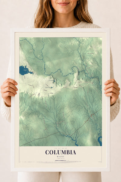 Columbia, Maine map print - 18 x 24 white Ayous wood frame